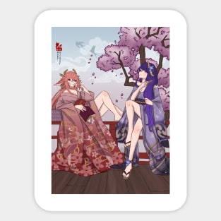 Yae Miko and Raiden Ei, Genshin Impact Traditional Illustration Sticker